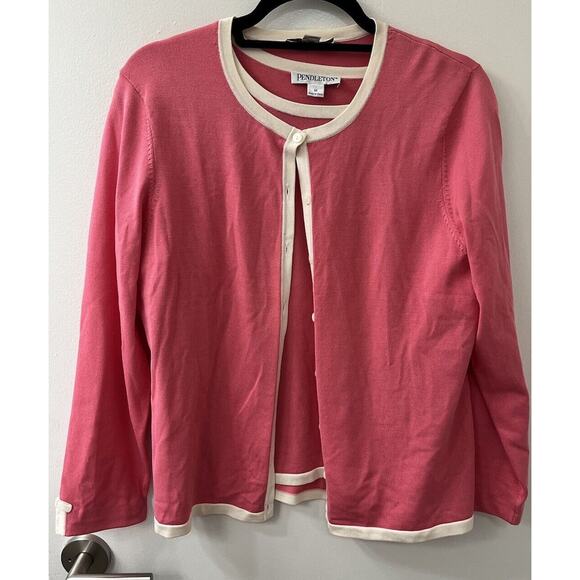 Pendleton Short Sleeve Top & Cardigan Sweater Set Women's Size M Pink White Trim - Picture 2 of 5